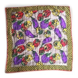 Vintage Perry Ellis Silk Scarf Eggplant Peppers Vegetable Hand Rolled Square